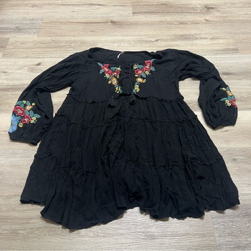 FREE PEOPLE Womens Black Floral Long Sleeve Jewel Neck Mini Pleated Dress Large